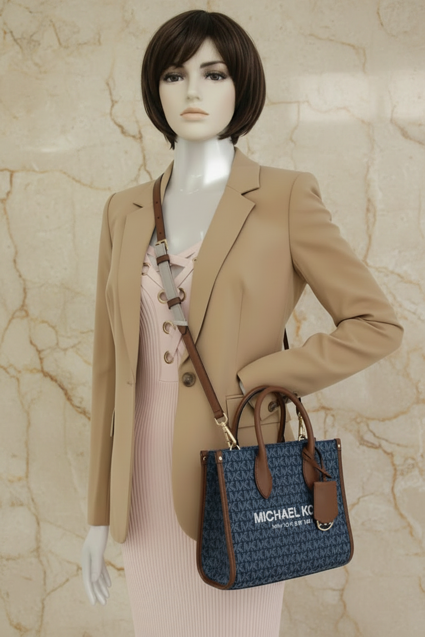 MICHAEL KORS MIRELLA SMALL SHOPPER TOP ZIP CROSSBODY BAG - DENIM MULTI LOGO