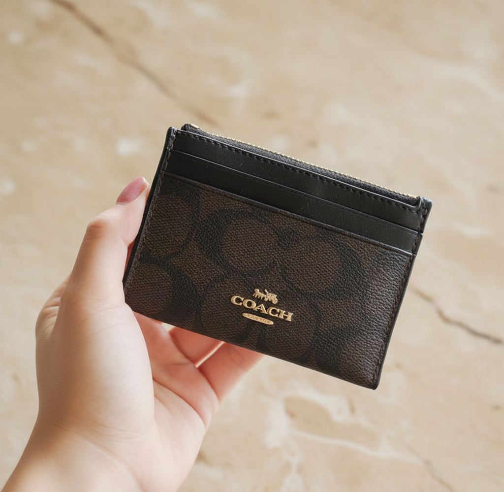 COACH SKINNY CARD CASE WITH KEY RING - SIGNATURE BROWN BLACK