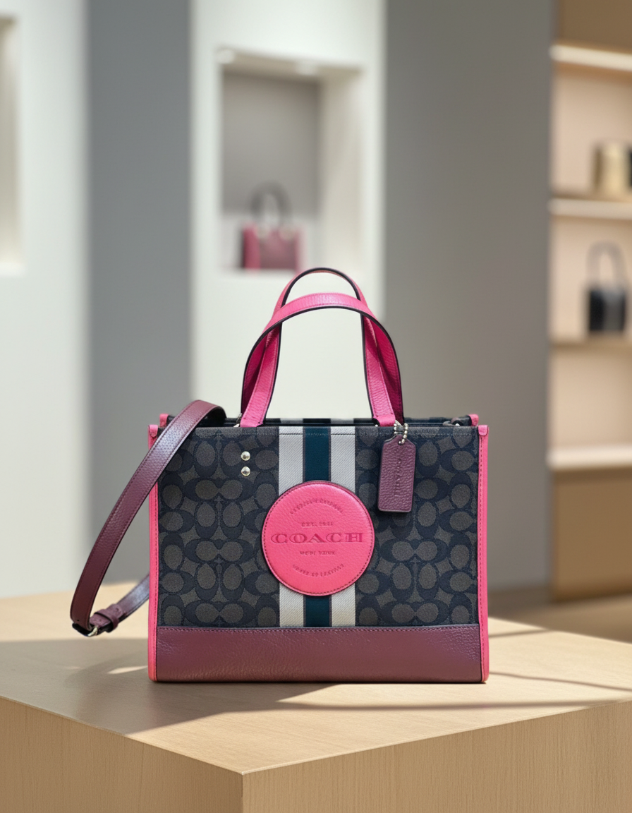 COACH DEMPSEY TOTE CARRYALL MEDIUM IN SIGNATURE JACQUARD CANVAS CENTER STRIPE STRAWBERRY HAZE