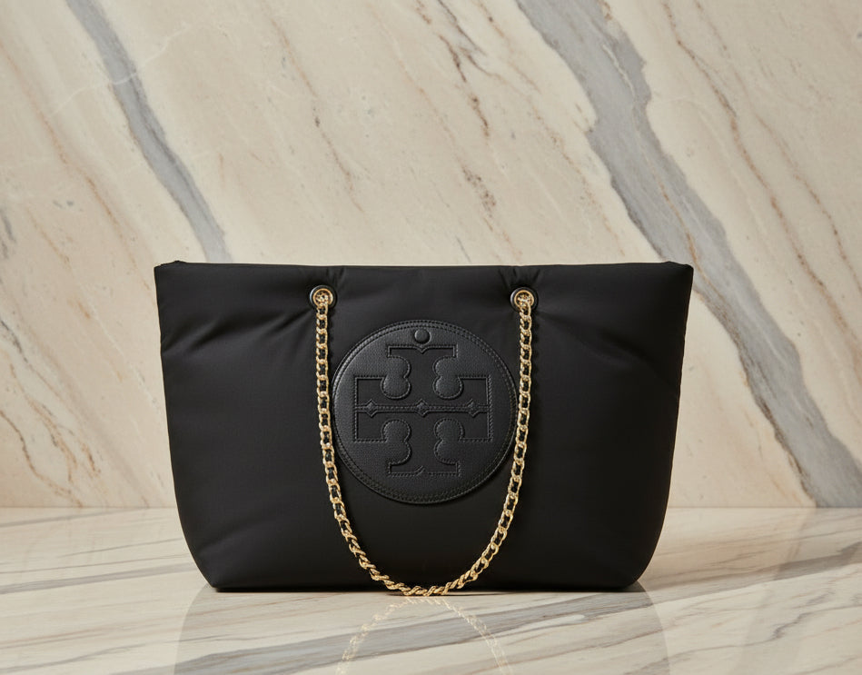 TORY BURCH ELLA PUPPY MAGNETIC CLOSURE CHAIN TOTE - BLACK