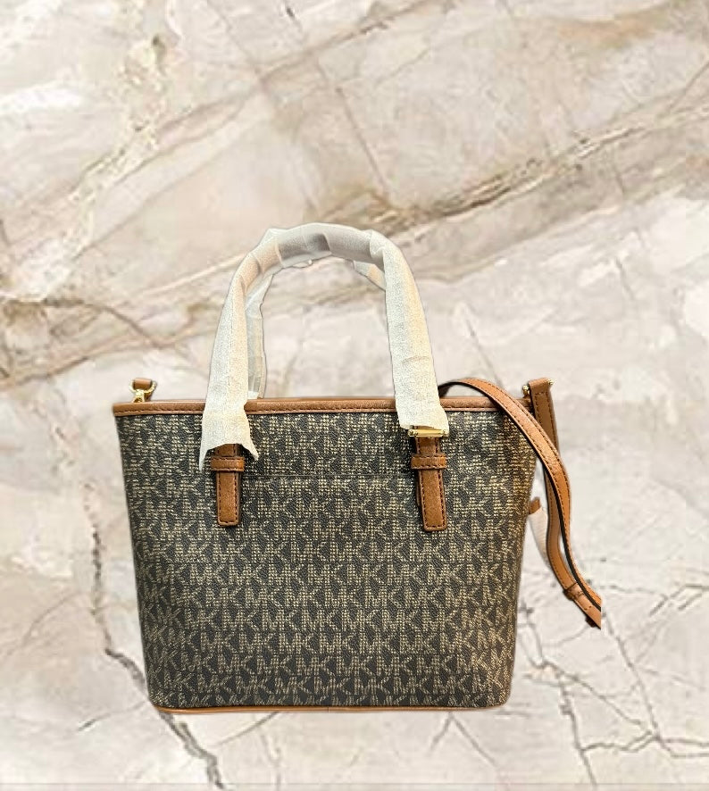 MICHAEL KORS XS JET SET CARRYALL TRAVEL ZIP TOTE - BLACK - BROWN MULTI WITH A TOUCH OF METTALIC GOLD