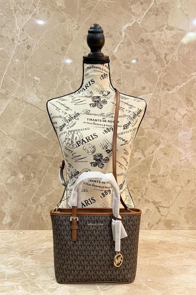 MICHAEL KORS XS JET SET CARRYALL TRAVEL ZIP TOTE - BLACK - BROWN MULTI WITH A TOUCH OF METTALIC GOLD
