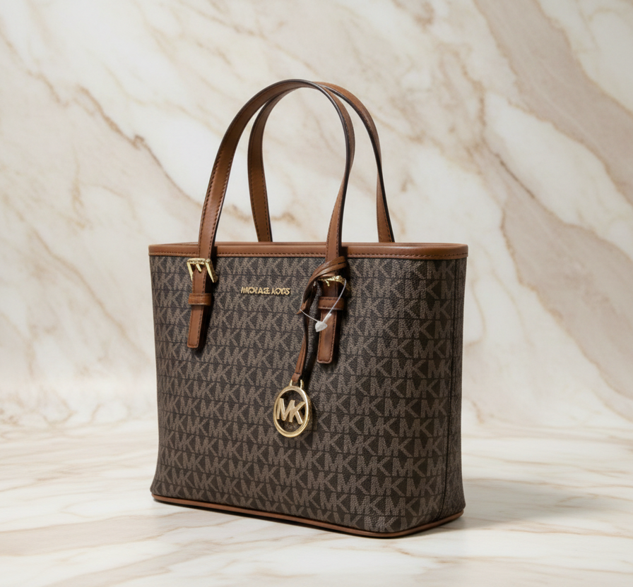 MICHAEL KORS XS JET SET CARRYALL TRAVEL ZIP TOTE - BLACK - BROWN MULTI WITH A TOUCH OF METTALIC GOLD