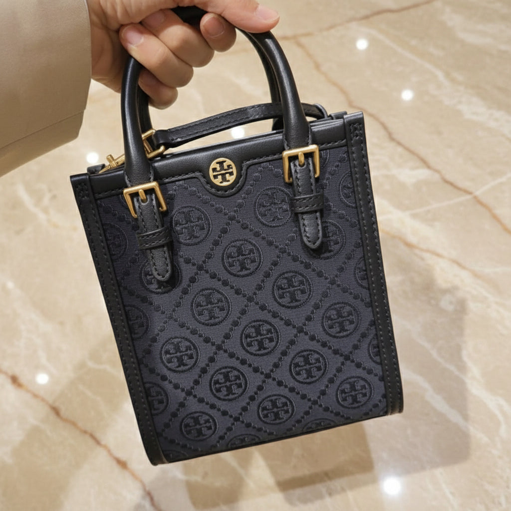 TORY BURCH MINI JACQUARD T MONOGRAM TOTE BLACK