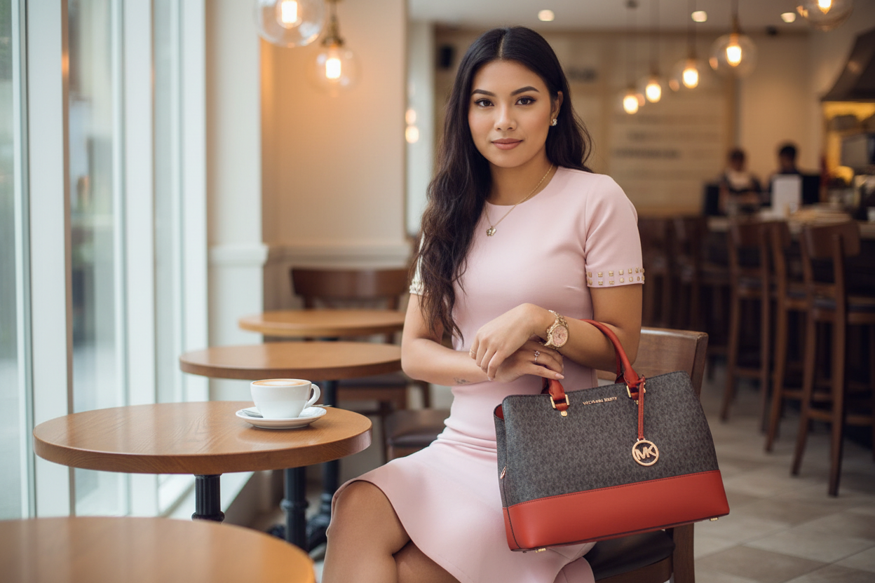 MICHAEL KORS SAVANNAH LARGE SATCHEL IN SIGNATURE BROWN/RED - SCARLET