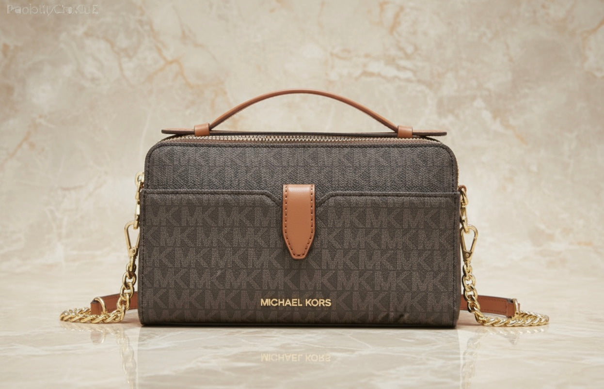 MICHAEL KORS JET SET ITEM DOUBLE ZIP SMARTPHONE CROSSBODY - SIGNATURE BROWN