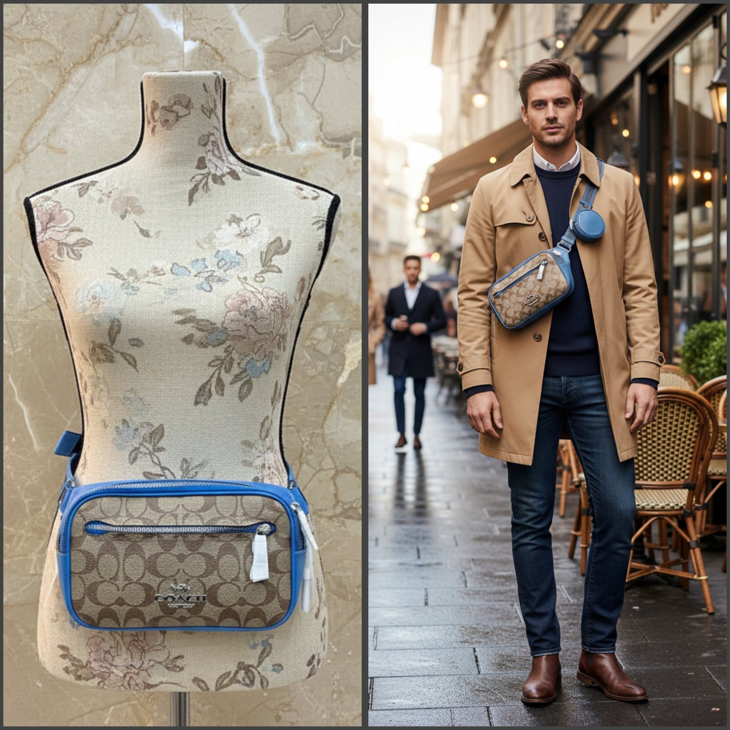 COACH ELIAS BELTBAG/ CHEST BAG/BODY BAG IN COLORBLOCK SIGNATURE CANVAS - KHAKI/RACER BLUE