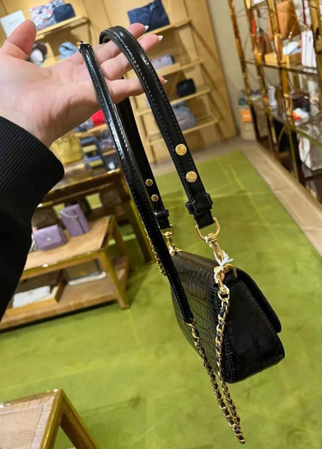 SALE! MISSING 1 BUTTON ON SHOULDER STRAP - TORY BURCH EMBOSSED CROC BRITTEN CONVERTIBLE SHOULDER BAG/XBODY BAG - BLACK
