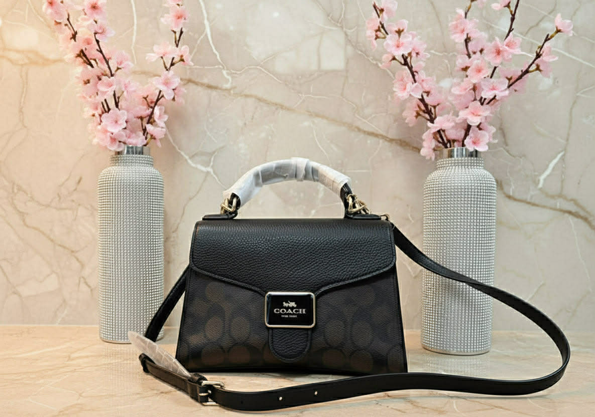 COACH SMALL PEPPER SATCHEL TOP HANDLE IN SIGNATURE BROWN BLACK