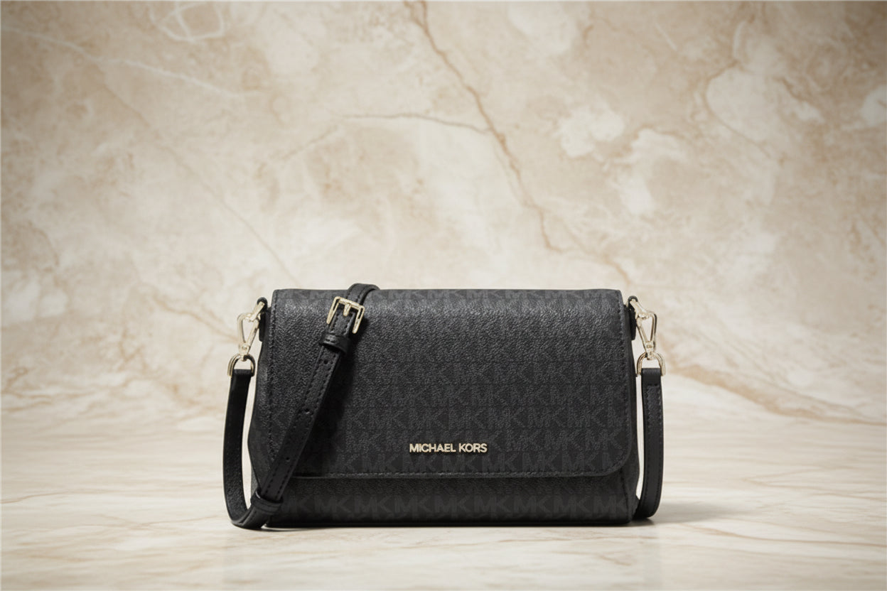 MICHAEL KORS LOGO FLAP CROSSBODY - MONOGRAM BLACK COLOR