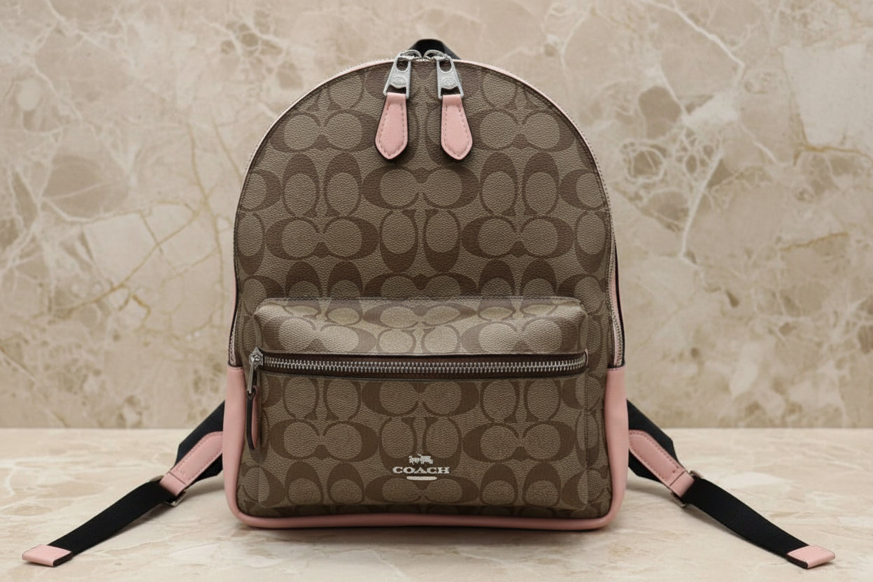 COACH CHARLIE MEDIUM BACKPACK - SIGNATURE BROWN/PINK