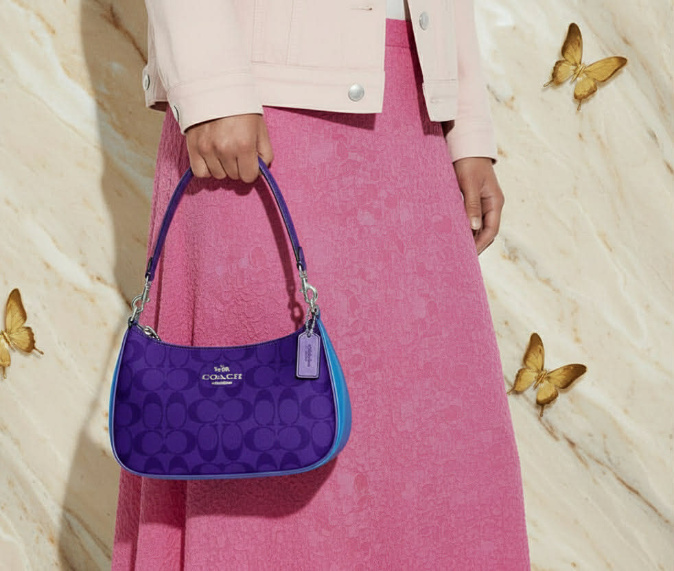 COACH TERI SHOULDER BAG/CROSSBODY BAG - IN SIGNATURE CANVAS PURPLE BLOCKED COLOR
