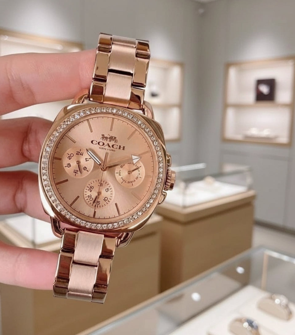 ساعة كوتش ذات وجه كبير - مطلية بالذهب الوردي والفولاذ المقاوم للصدأ