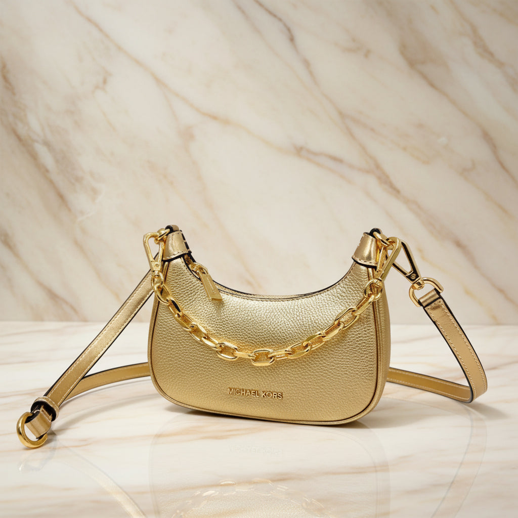 MICHAEL KORS MINI CORA CHAIN SHOULDER BAG/CROSBODY BAG - METTALIC PEBBLE GOLD