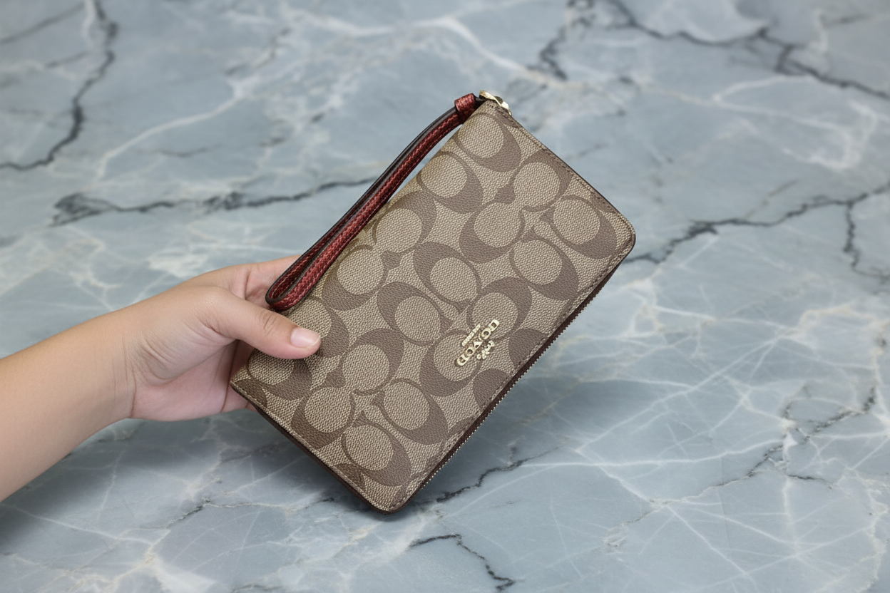 طقم كوتش لويس: حقيبة كتف/حقيبة كروس بودي ومحفظة معصم بسحاب من قماش الكانفاس المميز ببطانة من الطين المعدني