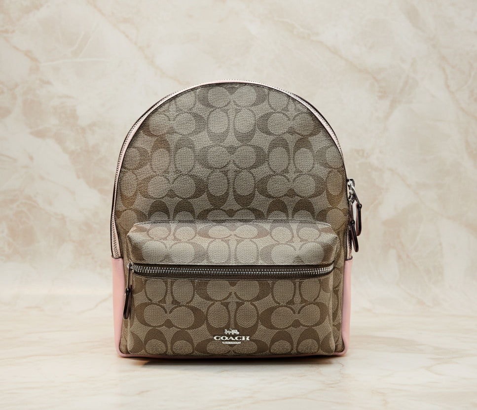 COACH CHARLIE MEDIUM BACKPACK - SIGNATURE BROWN/PINK