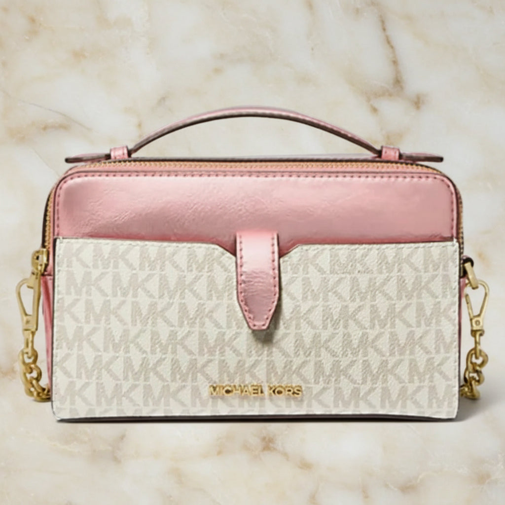 MICHAEL KORS SIGNATURE JET SET METALLIC PRIMEROSE DOUBLE ZIP SMARTPHONE CROSSBODY BAG
