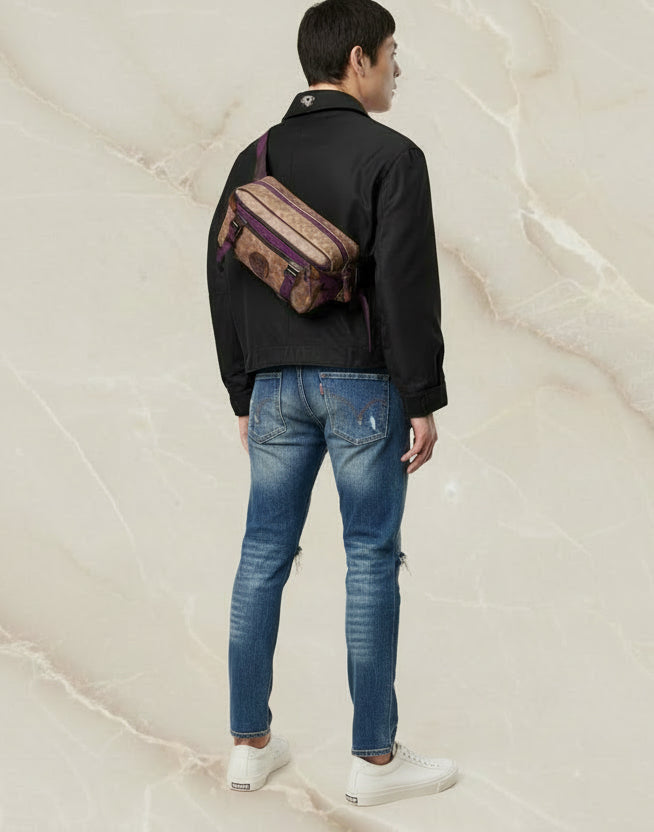 حقيبة خصر/حقيبة جسم محدودة الإصدار مطبوعة بشعار كوتش، مصنوعة من قماش الكانفاس البني المميز.