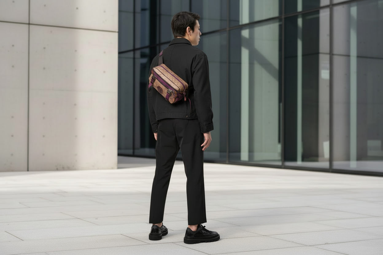 حقيبة خصر/حقيبة جسم محدودة الإصدار مطبوعة بشعار كوتش، مصنوعة من قماش الكانفاس البني المميز.