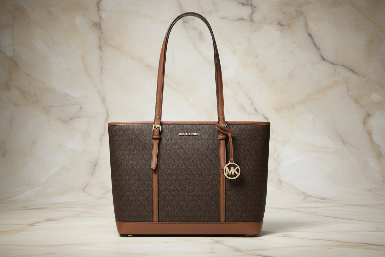 MICHAEL KORS JET SET TRAVEL ZIP TOTE IN SIGNATURE LOGO BROWN - MEDIUM