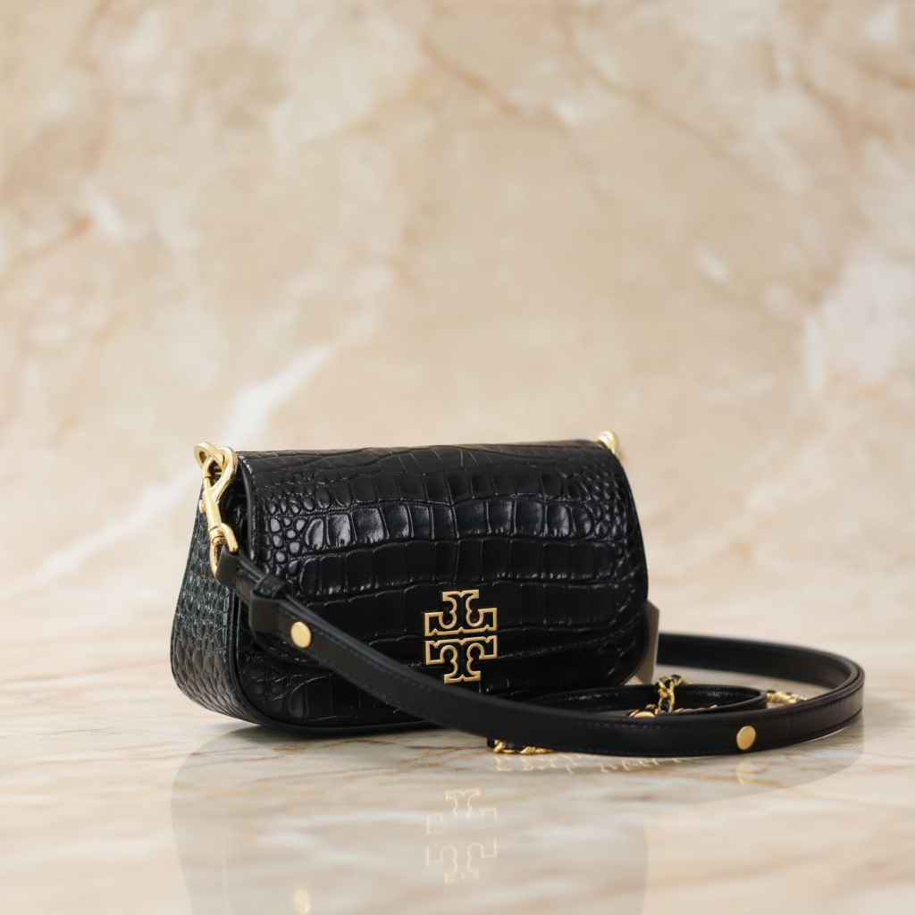 TORY BURCH EMBOSSED CROC BRITTEN CONVERTIBLE SHOULDER BAG/XBODY BAG - BLACK