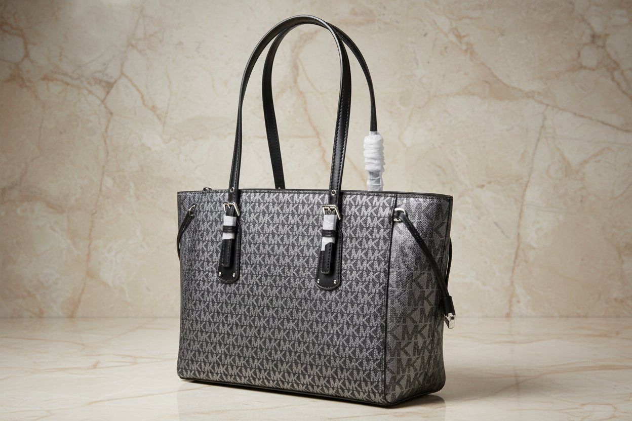 MICHAEL KORS VOYAGER 2 TONE METALLIC LOGO TOTE - MEDIUM
