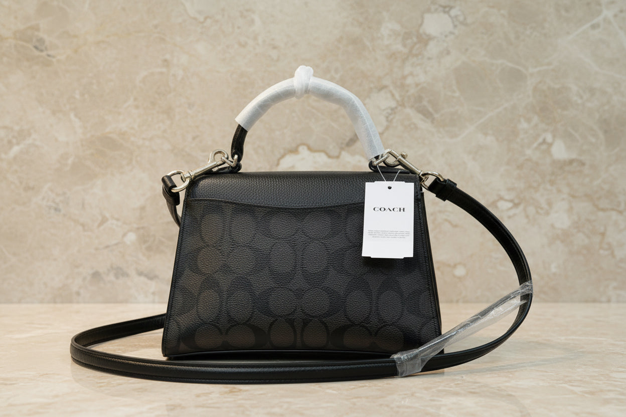 COACH SMALL PEPPER SATCHEL TOP HANDLE IN SIGNATURE BROWN BLACK