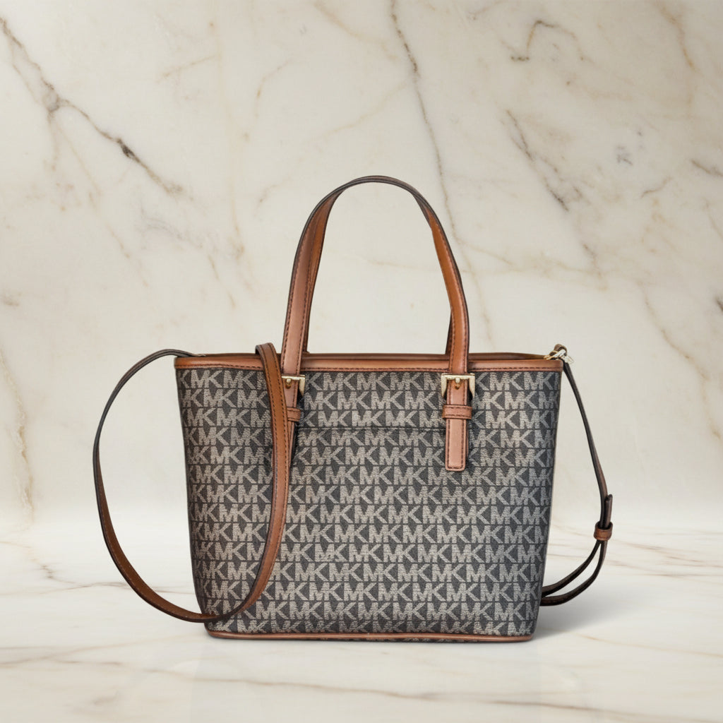 MICHAEL KORS XS JET SET CARRYALL TRAVEL ZIP TOTE - BLACK - BROWN MULTI WITH A TOUCH OF METTALIC GOLD