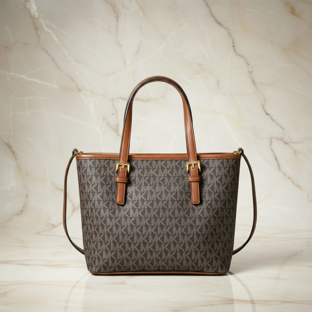 MICHAEL KORS XS JET SET CARRYALL TRAVEL ZIP TOTE - BLACK - BROWN MULTI WITH A TOUCH OF METTALIC GOLD