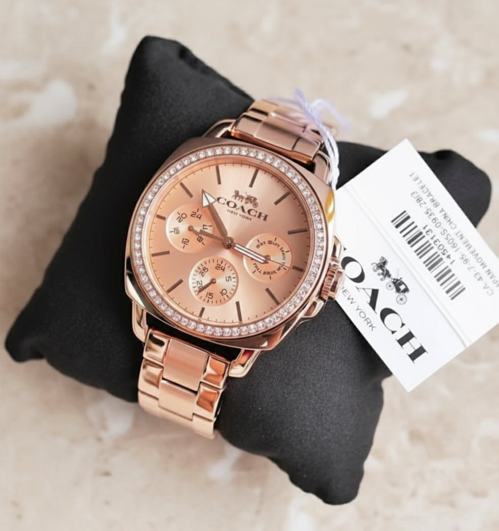 ساعة كوتش ذات وجه كبير - مطلية بالذهب الوردي والفولاذ المقاوم للصدأ