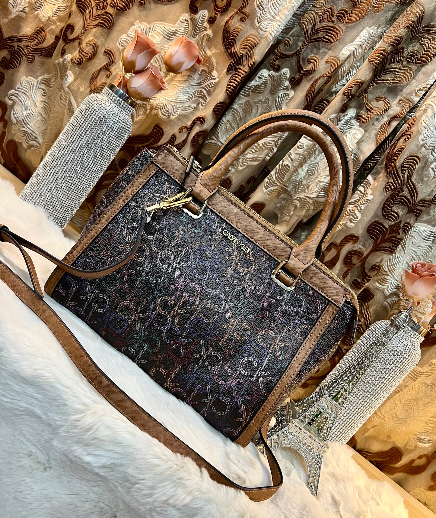 CALVIN KLEIN BUNDLE BAG & LONG WALLET JANAE SATCHEL CROSSBODY BAG IN SIGNATURE BROWN