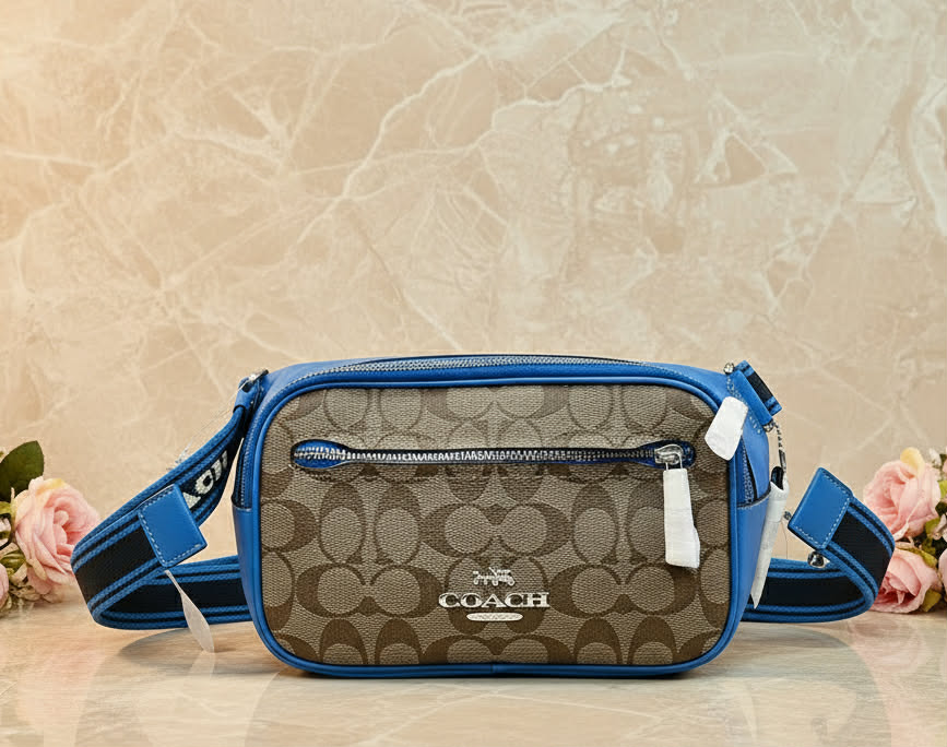 COACH ELIAS BELTBAG/ CHEST BAG/BODY BAG IN COLORBLOCK SIGNATURE CANVAS - KHAKI/RACER BLUE