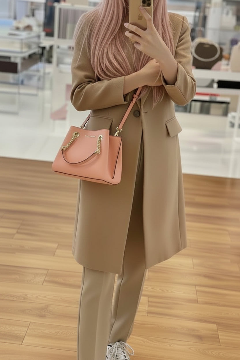MICHAEL KORS SMALL TEAGEN LEATHER SATCHEL - PEACH