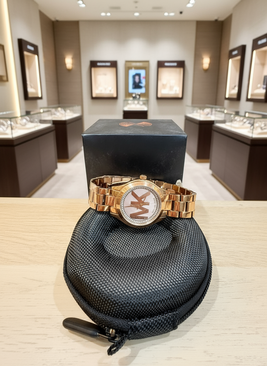 ساعة مايكل كورس ميني سليم رانوي - لون ذهبي وردي - بشعار MK وتصميم مرصع بالكريستال - علبة ساعة مجانية 