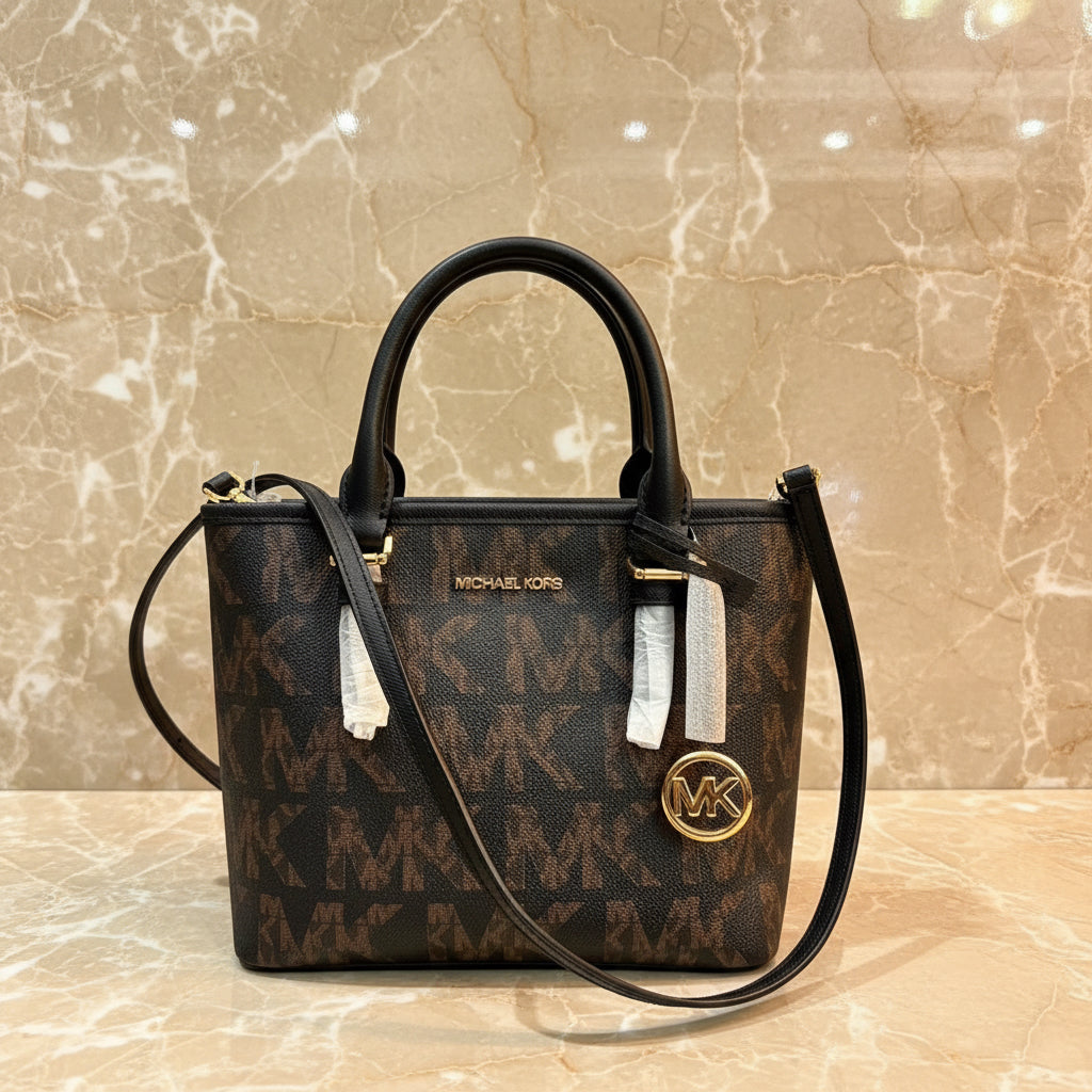 MICHAEL KORS JET SET TRAVEL ZIP TOTE XS LOGO BLACK BROWN COLOR