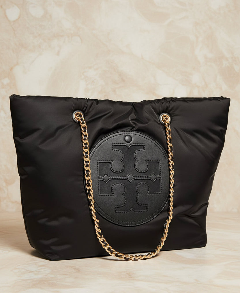 TORY BURCH ELLA PUPPY MAGNETIC CLOSURE CHAIN TOTE - BLACK
