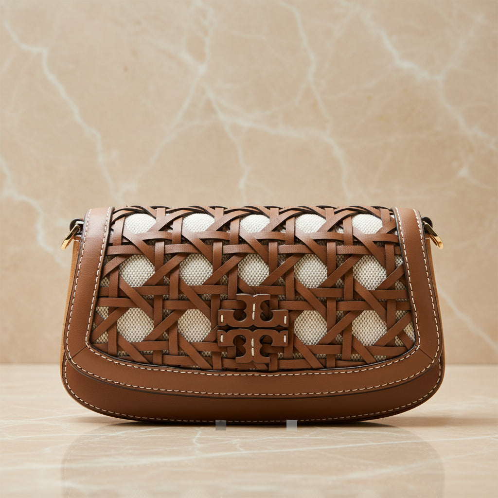 TORY BURCH BRITTEN  BASKET WEAVE CONVERTIBLE CRISSBODY/SHOULDER BAG - MOOSE COLOR