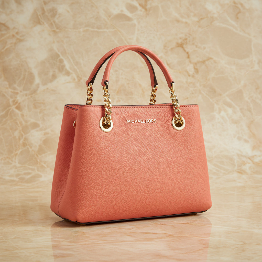 MICHAEL KORS SMALL TEAGEN LEATHER SATCHEL - PEACH