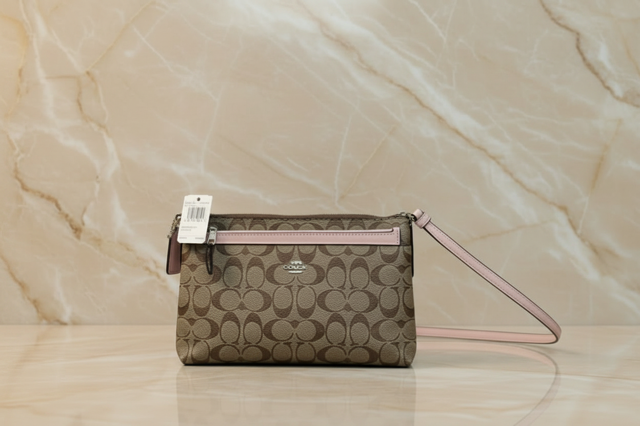 SALE‼️ COACH EAST WEST CROSSBODY WITH POP-UP POUCH KHAKI-PINK - WITH FLAWS/PEELED OFF/SCALED FROM THE CREED INSIDE, SEE PHOTO