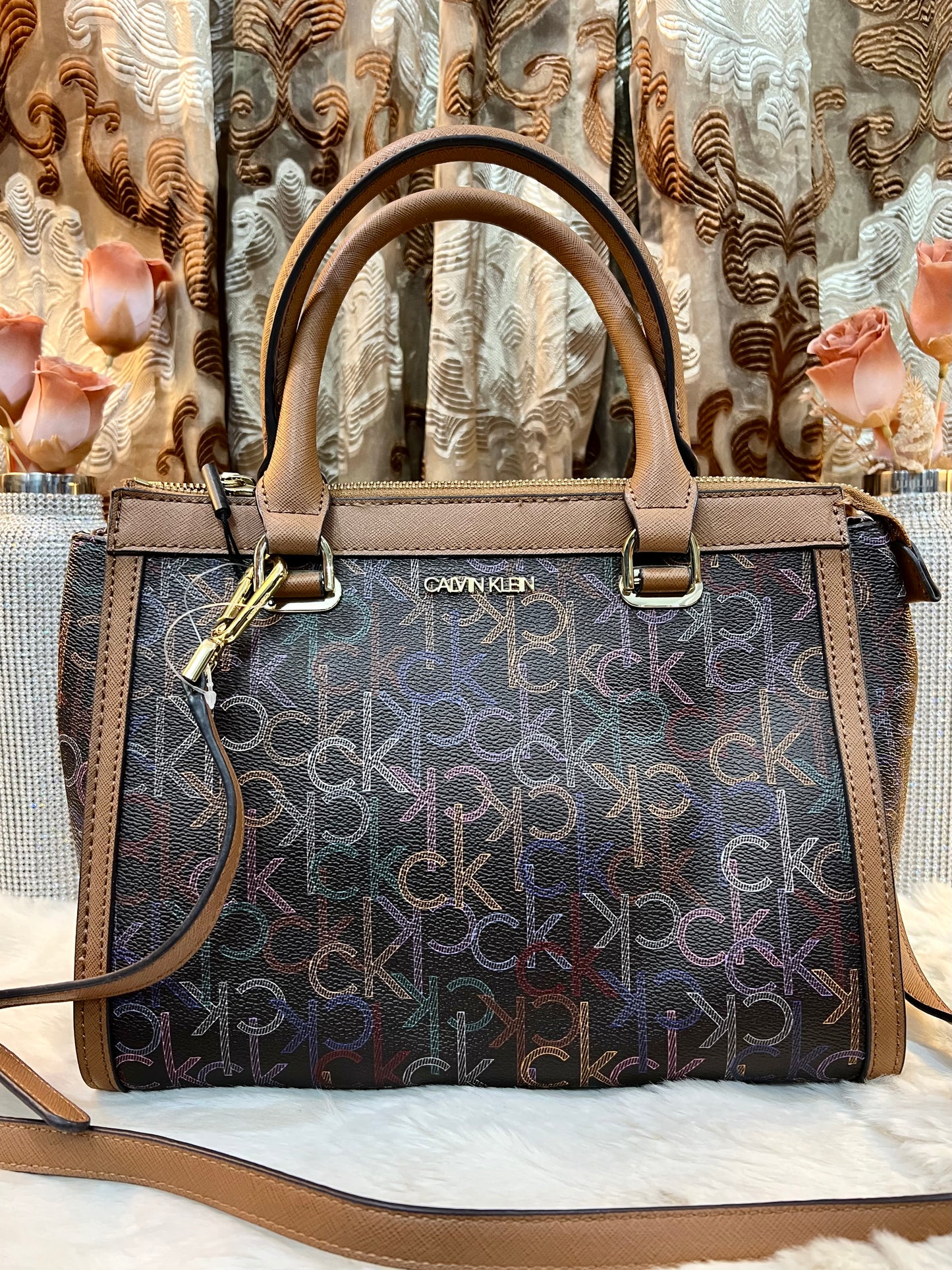 CALVIN KLEIN BUNDLE BAG & LONG WALLET JANAE SATCHEL CROSSBODY BAG IN SIGNATURE BROWN