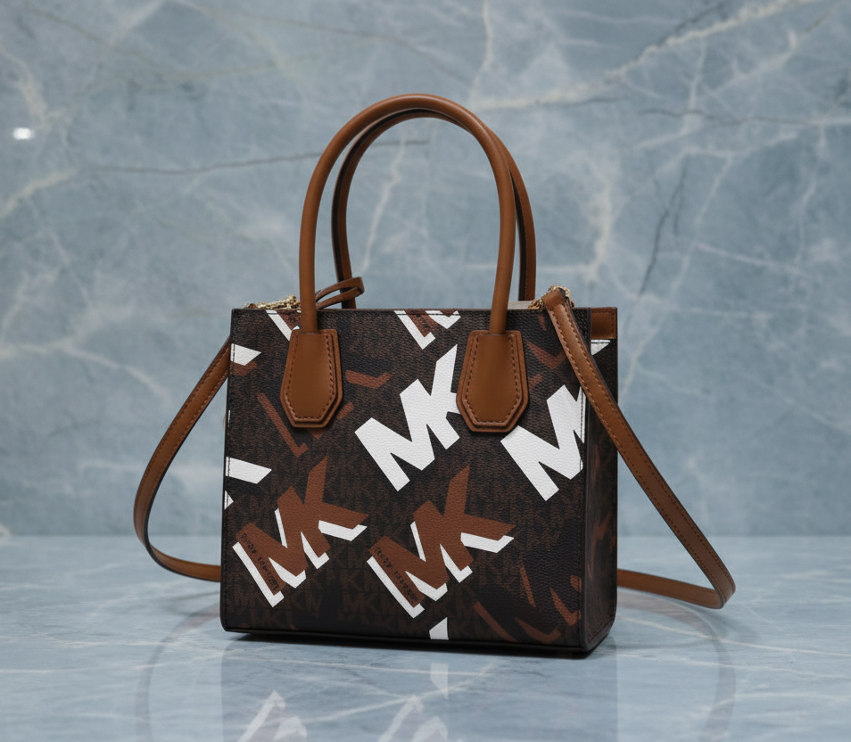 MICHAEL KORS MERCER MEDIUM MESSENGER BAG - LUGGAGE MULTI GRAPHIC LOGO