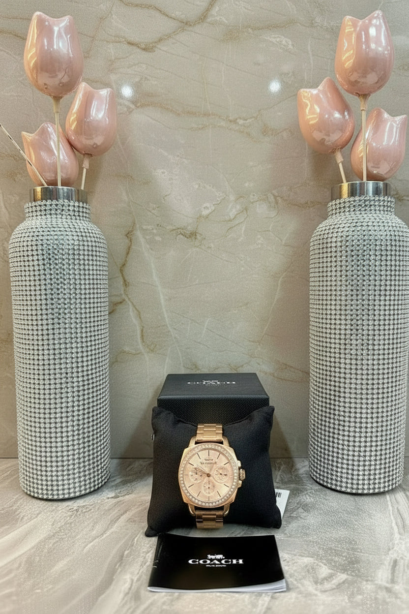 ساعة كوتش ذات وجه كبير - مطلية بالذهب الوردي والفولاذ المقاوم للصدأ