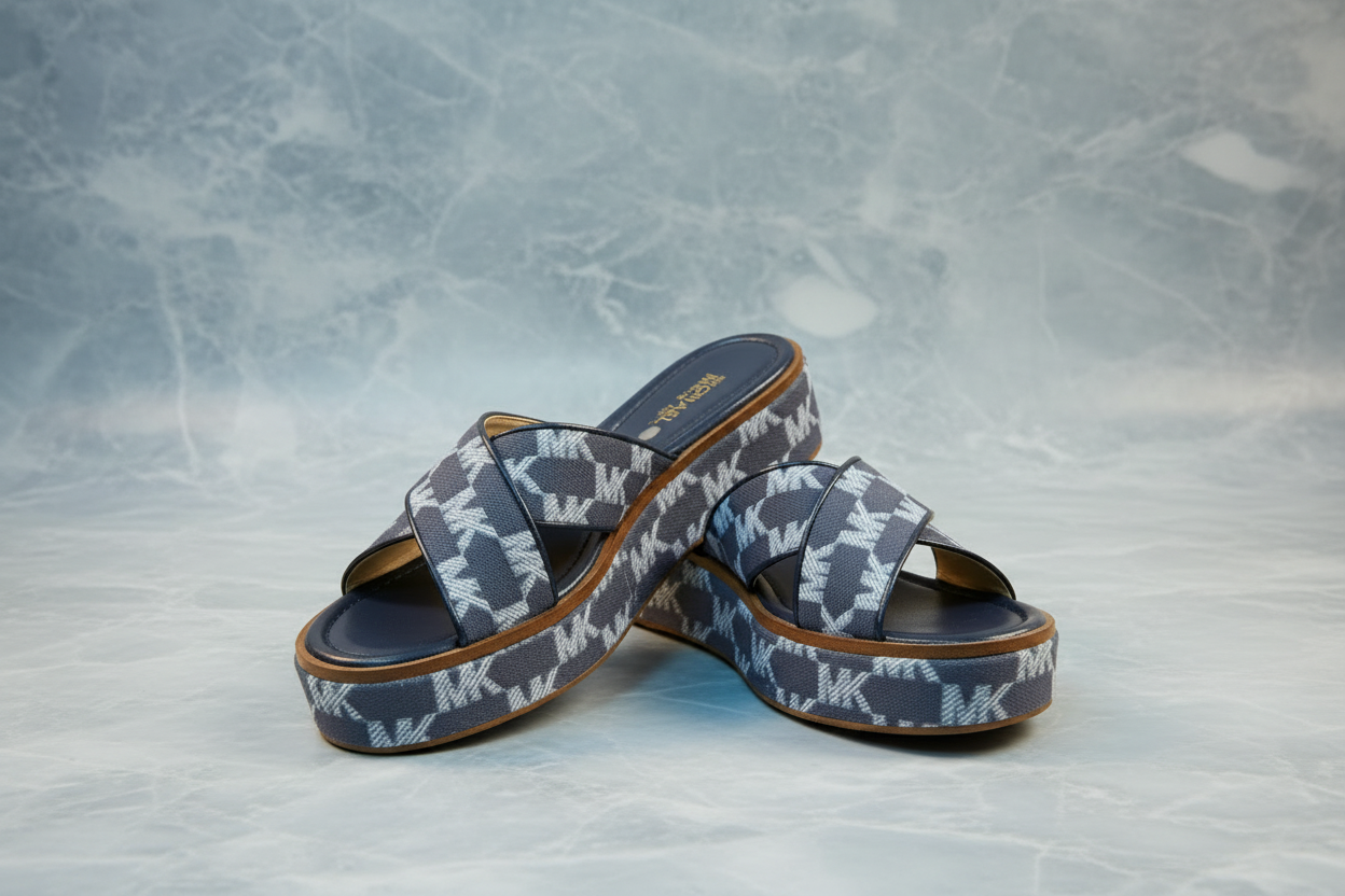 MICHAEL KORS INDIRA WEDGE SANDALS - SIGNATURE BLUE - CAN FIT FROM SIZE 5.5