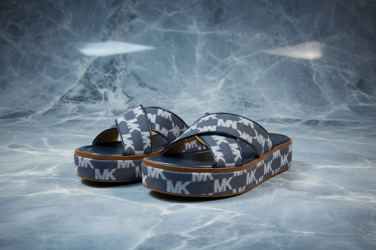 MICHAEL KORS INDIRA WEDGE SANDALS - SIGNATURE BLUE - CAN FIT FROM SIZE 5.5