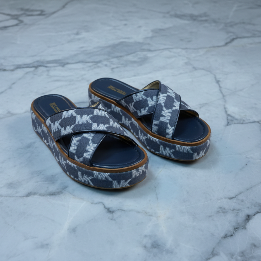 MICHAEL KORS INDIRA WEDGE SANDALS - SIGNATURE BLUE - CAN FIT FROM SIZE 5.5