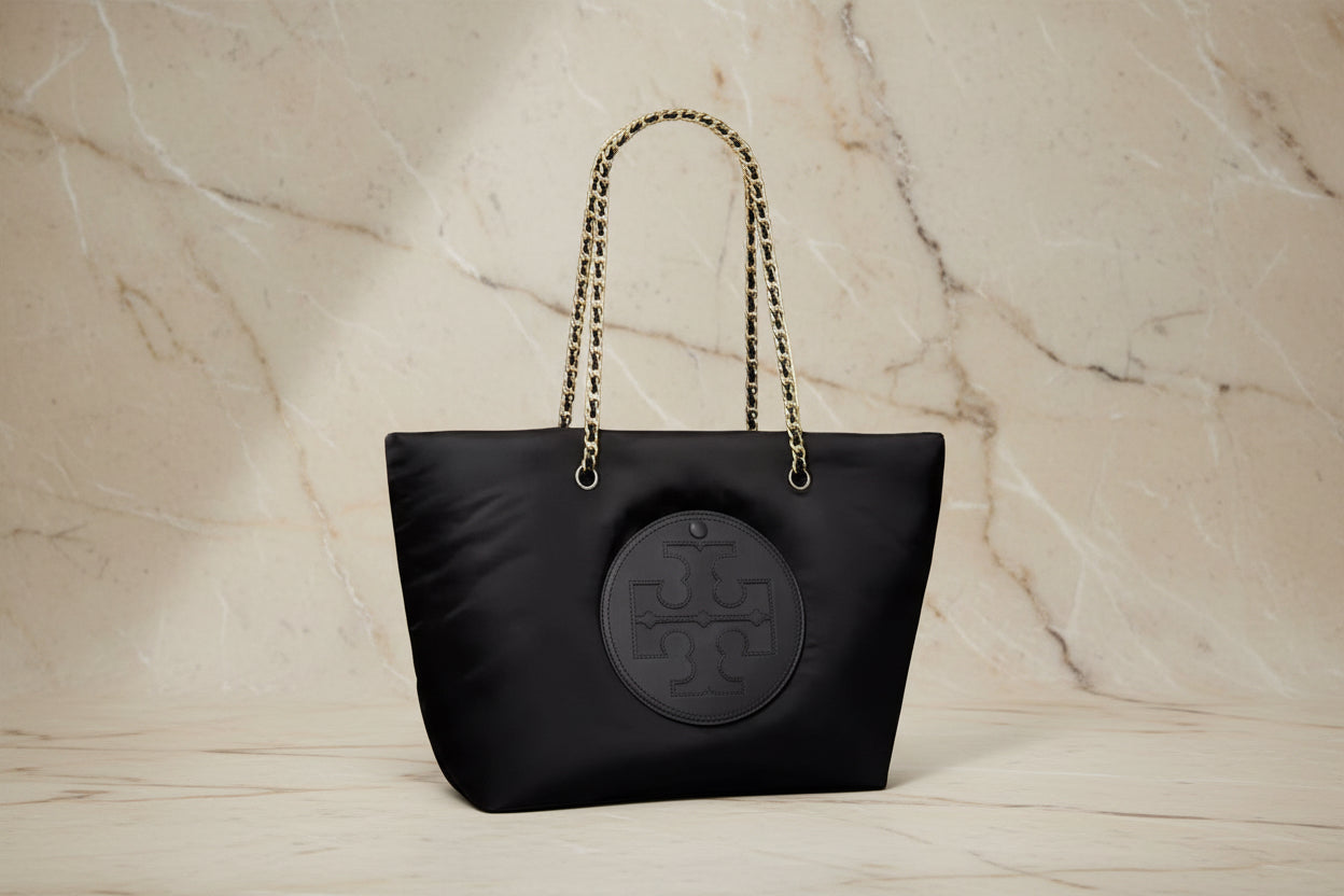 TORY BURCH ELLA PUPPY MAGNETIC CLOSURE CHAIN TOTE - BLACK