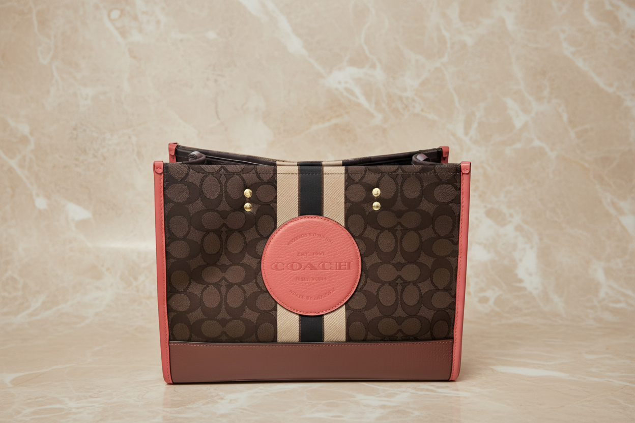 COACH DEMPSEY TOTE CARRYALL MEDIUM IN SIGNATURE JACQUARD CANVAS CENTER STRIPE STRAWBERRY HAZE