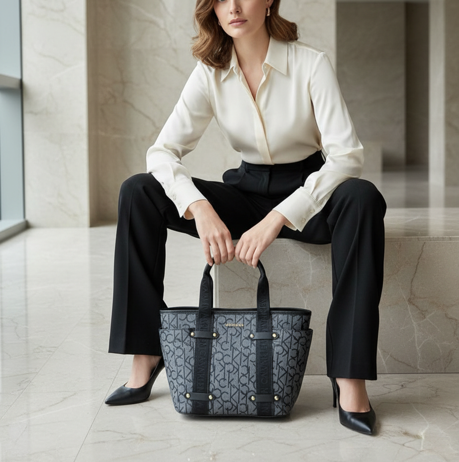 CALVIN KLEIN SATCHEL IN SIGNATURE CHARCOAL BLACK