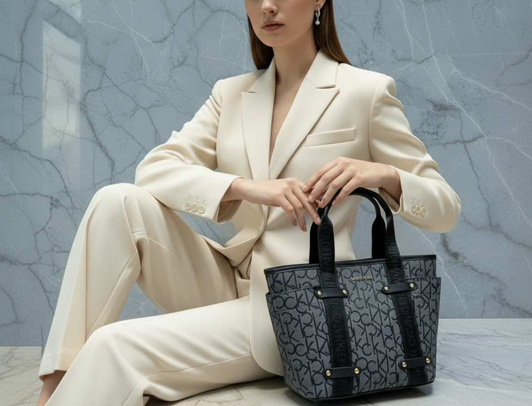 CALVIN KLEIN SATCHEL IN SIGNATURE CHARCOAL BLACK