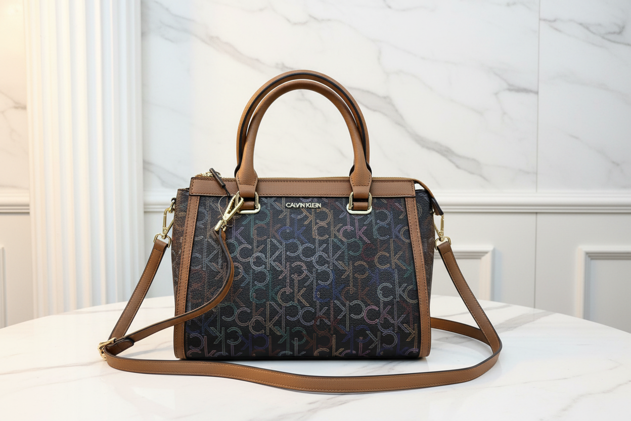 CALVIN KLEIN BUNDLE BAG & LONG WALLET JANAE SATCHEL CROSSBODY BAG IN SIGNATURE BROWN